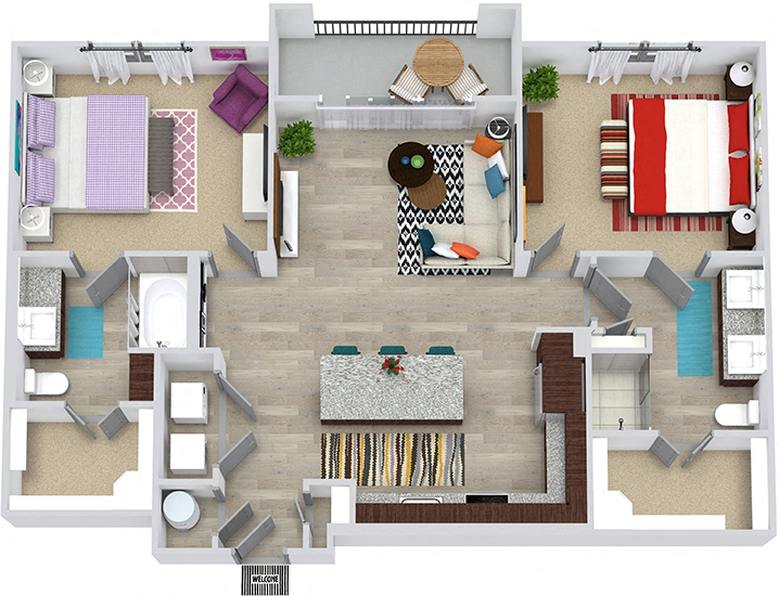 Floor plan for 2 beds, 2 baths, 1074 sqft